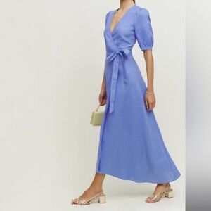 Reformation linen long wrap dress in blue size S